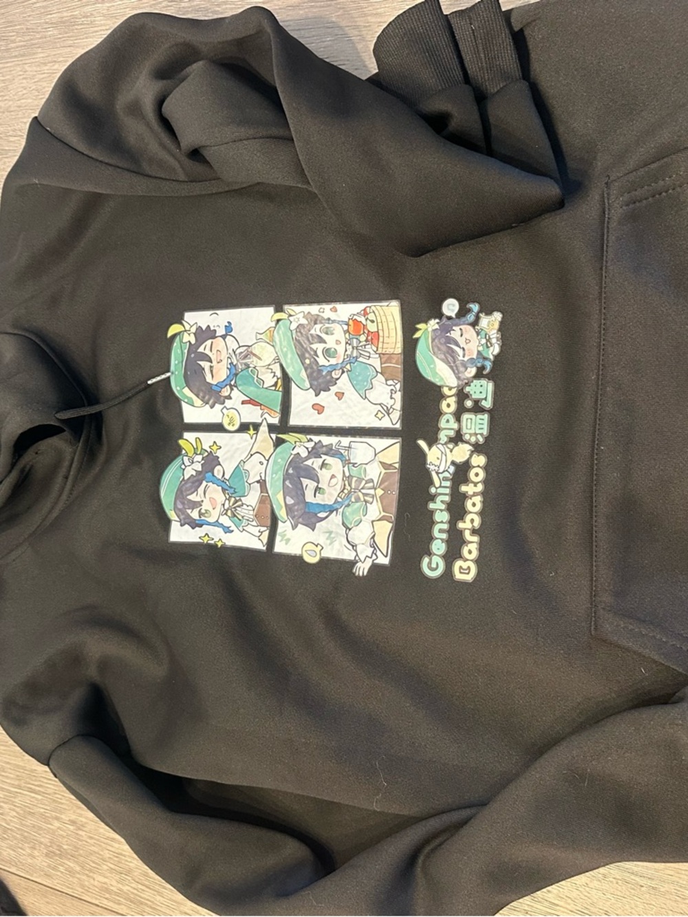Black Graphic Hoodie with Cute Character Panels